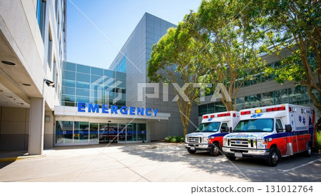 Emergency hospital entrance with parked ambulances under bright sunny sky, clean medical vertical wallpaper. Generative AI. 131012764