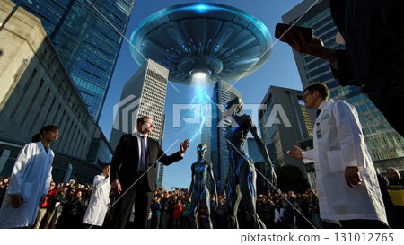 Futuristic city square with UFO hovering and people observing, sci-fi vertical smartphone wallpaper. Generative AI. 131012765