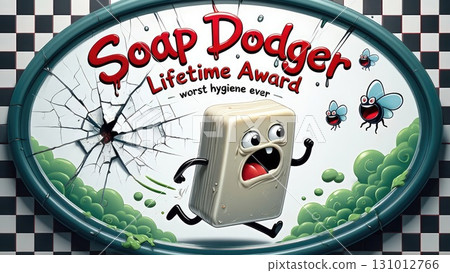 Funny Soap Dodger Lifetime Award cartoon with a bar of soap fleeing from hygiene. Great for novelty items or posters. Generative AI. 131012766