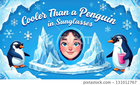 Cute winter frame with penguins and snow, humorous caption Cooler Than a Penguin in Sunglasses, cartoon style. Generative AI. 131012767