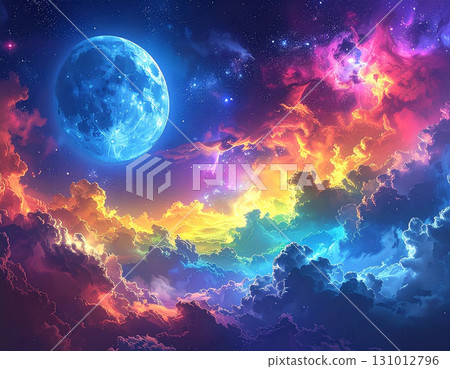 A shining blue moon floating in space with the sparkle of the galaxy shining in beautiful rainbow colors 131012796
