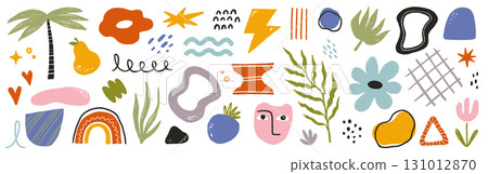 Shape abstract vector graphic icon set. Abstract graphic summer modern art element, flower doodle, geometric collage background. Trendy crayon scribble pastel texture. Vector 131012870