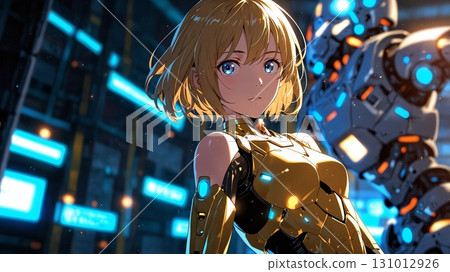 一幅賽博龐克風格的插圖,描繪了一個機器人女孩在未來城市背景下發出藍光並目光銳利 一幅賽博龐克風格的插圖,描繪了一個機器人女孩在未來城市背景下發出藍光並目光銳利 131012926