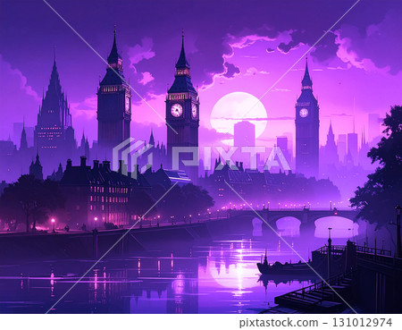 A retro townscape floating in the purple moonlight is shrouded in mist, creating a fantastical landscape 131012974