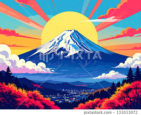 一幅色彩繽紛的日本秋季流行插畫,描繪了富士山在日出的背景下雄偉聳立的景象 一幅色彩繽紛的日本秋季流行插畫,描繪了富士山在日出的背景下雄偉聳立的景象 131013072