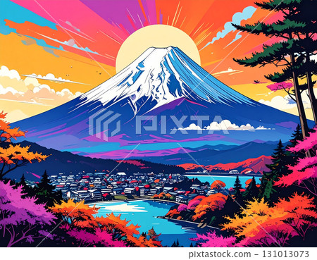 一幅色彩繽紛的日本秋季流行插畫，描繪了富士山在日出的背景下雄偉聳立的景象 131013073