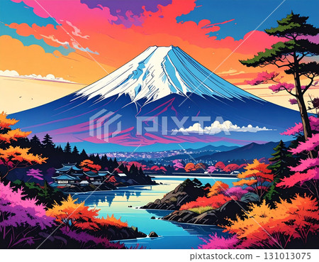 A colorful Japanese pop autumn illustration of Mt. Fuji towering majestically against the backdrop of a sunrise 131013075