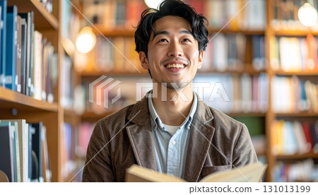 A man reading a book in a library 131013199