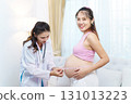 An Asian pregnant woman have an monthly health check with a doctor in hospital to check about her pregnancy. A health care and wellbeing in pregnant woman. 131013223