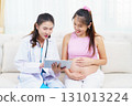 An Asian pregnant woman have an monthly health check with a doctor in hospital to check about her pregnancy. A health care and wellbeing in pregnant woman. 131013224