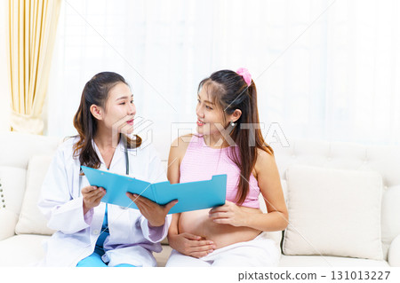 An Asian pregnant woman have an monthly health check with a doctor in hospital to check about her pregnancy. A health care and wellbeing in pregnant woman. 131013227