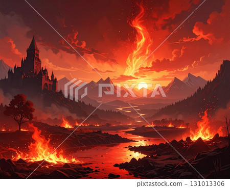 A medieval castle and ramparts engulfed in flames, signaling the end of the world. A medieval castle and ramparts engulfed in flames, signaling the end of the world. 131013306