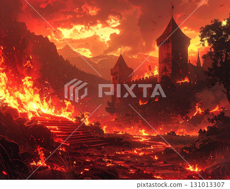 A medieval castle and ramparts engulfed in flames, signaling the end of the world. 131013307