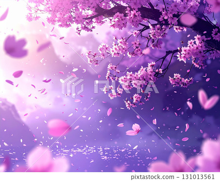 A fantastic purple Japanese landscape with cherry blossom petals dancing at dusk 131013561