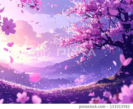 A fantastic purple Japanese landscape with cherry blossom petals dancing at dusk 131013562