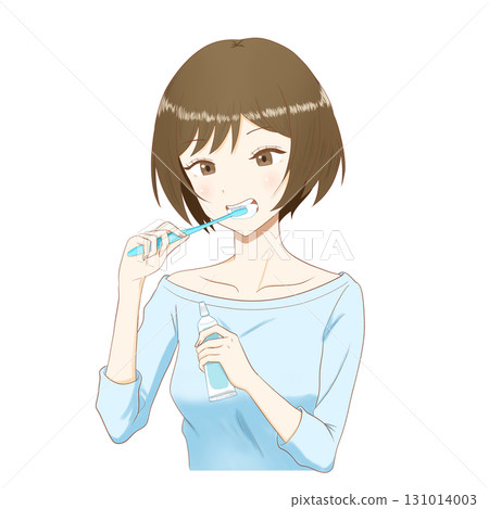 一位年輕女子用放在透明背景上的牙刷 131014003