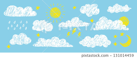 Cloud pastel pencil. Cute sky elements drawn by colored crayon. Childish texture. Hand drawn vector stock kid crayon illustration 131014459