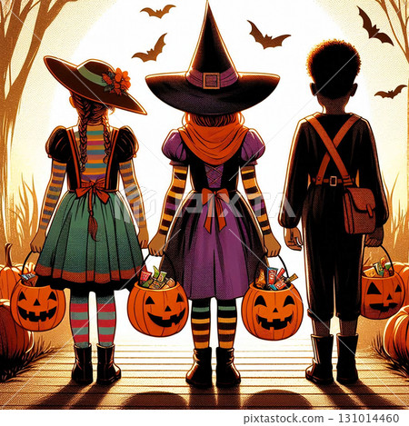 Back view of children dressed up for Halloween 131014460
