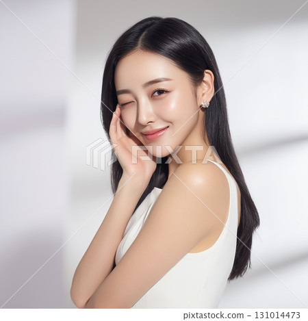 一位身穿無袖連身裙的美麗女子站在白色背景上，光線柔和 131014473