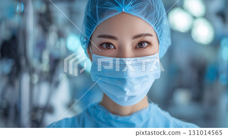 An Asian female medical worker with a serious look through a mask (medical, nursing, infection control) An Asian female medical worker with a serious look through a mask (medical, nursing, infection control) 131014565