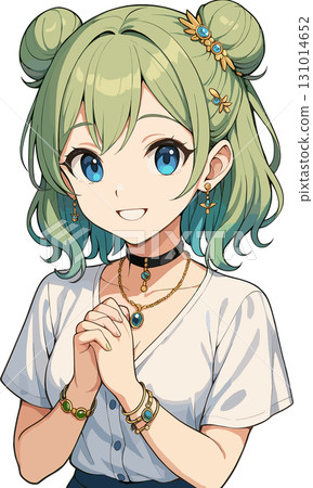 一個有著綠色頭髮和髮髻的漂亮女孩的插圖 131014652