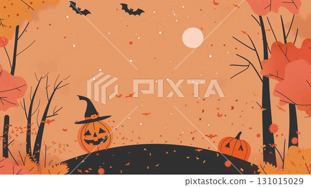 Halloween background with glowing jack-o'-lanterns and bats 131015029