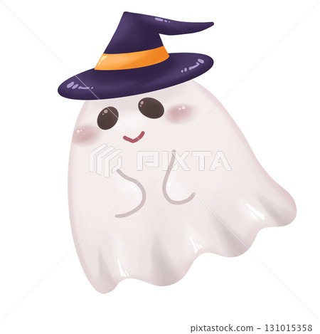 Halloween illustration of a cute ghost wearing a hat 131015358