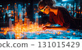 An architect brings architectural designs to life with 3D holographic construction models. The concept of innovation in architecture and futuristic design. Generative Ai. 131015429