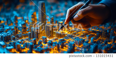 An architect brings architectural designs to life with 3D holographic construction models. The concept of innovation in architecture and futuristic design. Generative Ai. 131015431