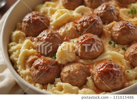 Meatballs in sauce. Mashed potatoes. Generative ai. 131015486