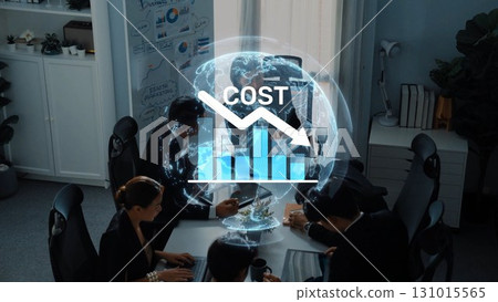 Business Meeting with Graphs and Cost Reduction Concept Overlaid on Image of Professionals Collaborating in Modern Office Workspace. Raster 131015565