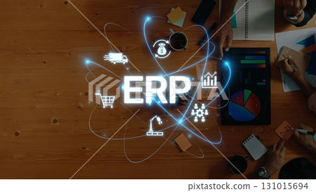 Dynamic Concept of Enterprise Resource Planning with Data Visualizations and Business Icons Representing Analytics and Management Processes. Raster Dynamic Concept of Enterprise Resource Planning with Data Visualizations and Business Icons Representing Analytics and Management Processes. Raster 131015694