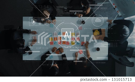 Team Collaboration in a Modern Office Setting with AI Integration and Digital Technology on Display, Focus on Brainstorming and Strategy Development. Raster 131015713