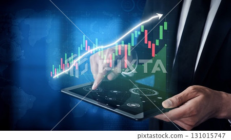 Business Professional Analyzing Digital Stock Market Trends on Tablet with Graphs and Data Visualizations in Modern Office Environment Copula 131015747