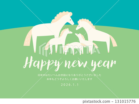 Vector illustration for the 2026 Year of the Horse New Year's card featuring five white horses and their cubs 131015776
