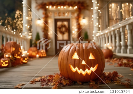 Adorn your cozy porch with a festive Halloween pumpkin decoration to embrace the autumn spirit Adorn your cozy porch with a festive Halloween pumpkin decoration to embrace the autumn spirit 131015794
