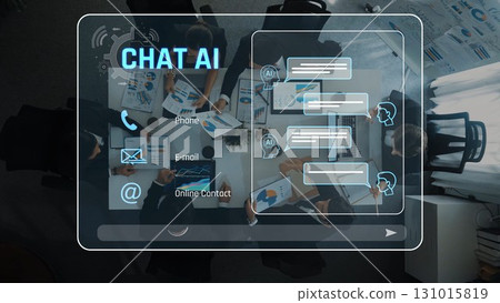 Modern Office Environment Featuring AI Chat Interface with Diverse Business Professionals Working on Laptops and Discussing Strategies in a Collaborative Space. Raster 131015819
