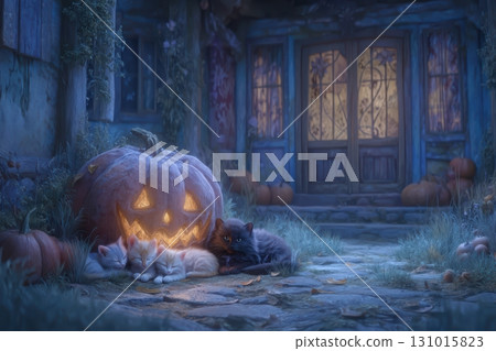 A Spooky Halloween Scene Featuring Cats and a Bright Pumpkin for Festive Decorations 131015823