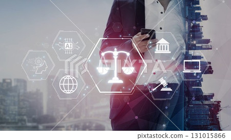 Digital law interface displaying justice scale, highlighting digital law Muxer 131015866