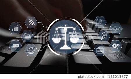 Digital law interface displaying justice scale, highlighting digital law Muxer Digital law interface displaying justice scale, highlighting digital law Muxer 131015877