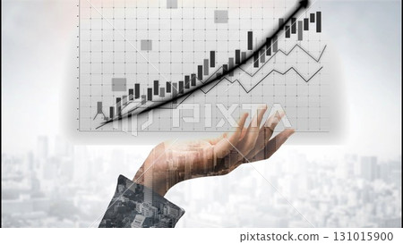 Hand Holding Financial Growth Chart with Rising Graph Lines Representing Business Success and Economic Progress in Modern City Background Copula 131015900