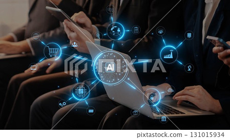 Digital transformation and artificial intelligence concepts illustrated through interconnected technology icons and business professionals using devices. Raster Digital transformation and artificial intelligence concepts illustrated through interconnected technology icons and business professionals using devices. Raster 131015934
