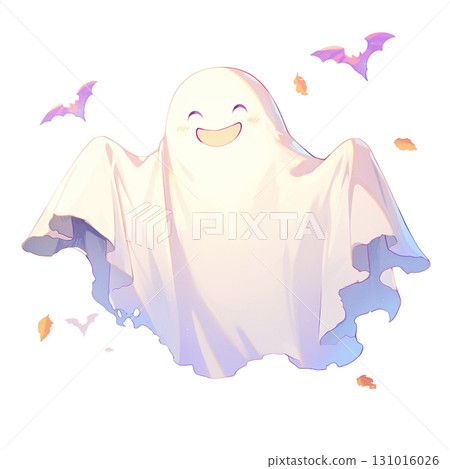 [萬聖節]微笑的幽靈和紫色蝙蝠的插圖 131016026