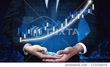 Businessman in Suit Presenting Digital Financial Growth Graph with Rising Trend and Blue Arrow on Technology Background Copula Businessman in Suit Presenting Digital Financial Growth Graph with Rising Trend and Blue Arrow on Technology Background Copula 131016034