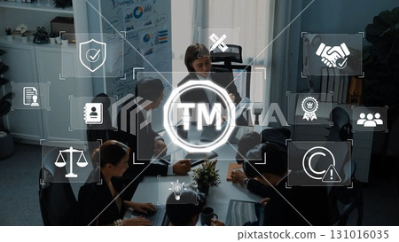 Business Meeting with Intellectual Property Icons in Modern Office Environment, Emphasizing Collaboration and Strategy in Professional Context. Raster Business Meeting with Intellectual Property Icons in Modern Office Environment, Emphasizing Collaboration and Strategy in Professional Context. Raster 131016035