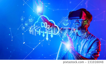 Man in virtual reality headset interacting with digital icons related to carbon dioxide reduction, technology, and environmental sustainability. Raster 131016048