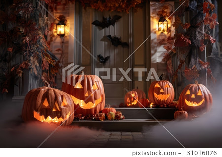 A Spooky Halloween Night decorated with Carved Pumpkins and Bats flying in the dark sky A Spooky Halloween Night decorated with Carved Pumpkins and Bats flying in the dark sky 131016076
