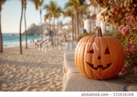 A Halloween Pumpkin Sitting on the Beach Under Sunny Weather with Bright Colors and Fun Activities 131016108