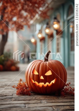 A Festive Halloween Pumpkin perfectly adorned with a Spooky Glow in a beautiful Autumn Setting A Festive Halloween Pumpkin perfectly adorned with a Spooky Glow in a beautiful Autumn Setting 131016142
