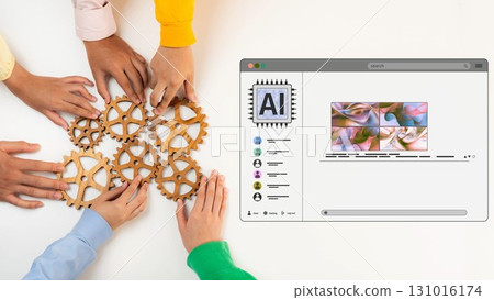 Diverse Hands Collaborating with Gears Representing Teamwork and Innovation in Artificial Intelligence and Technology Development. Raster 131016174